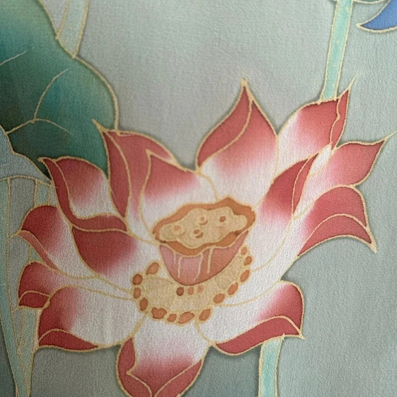 Silk Kimono Top Coverup Open Front Hand Painted Art To Wear Lotus Pond One Size - Picture 8 of 10